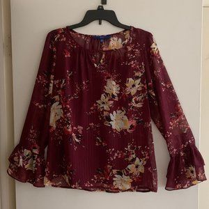 Maroon Floral Printed Long Sleeve Blouse